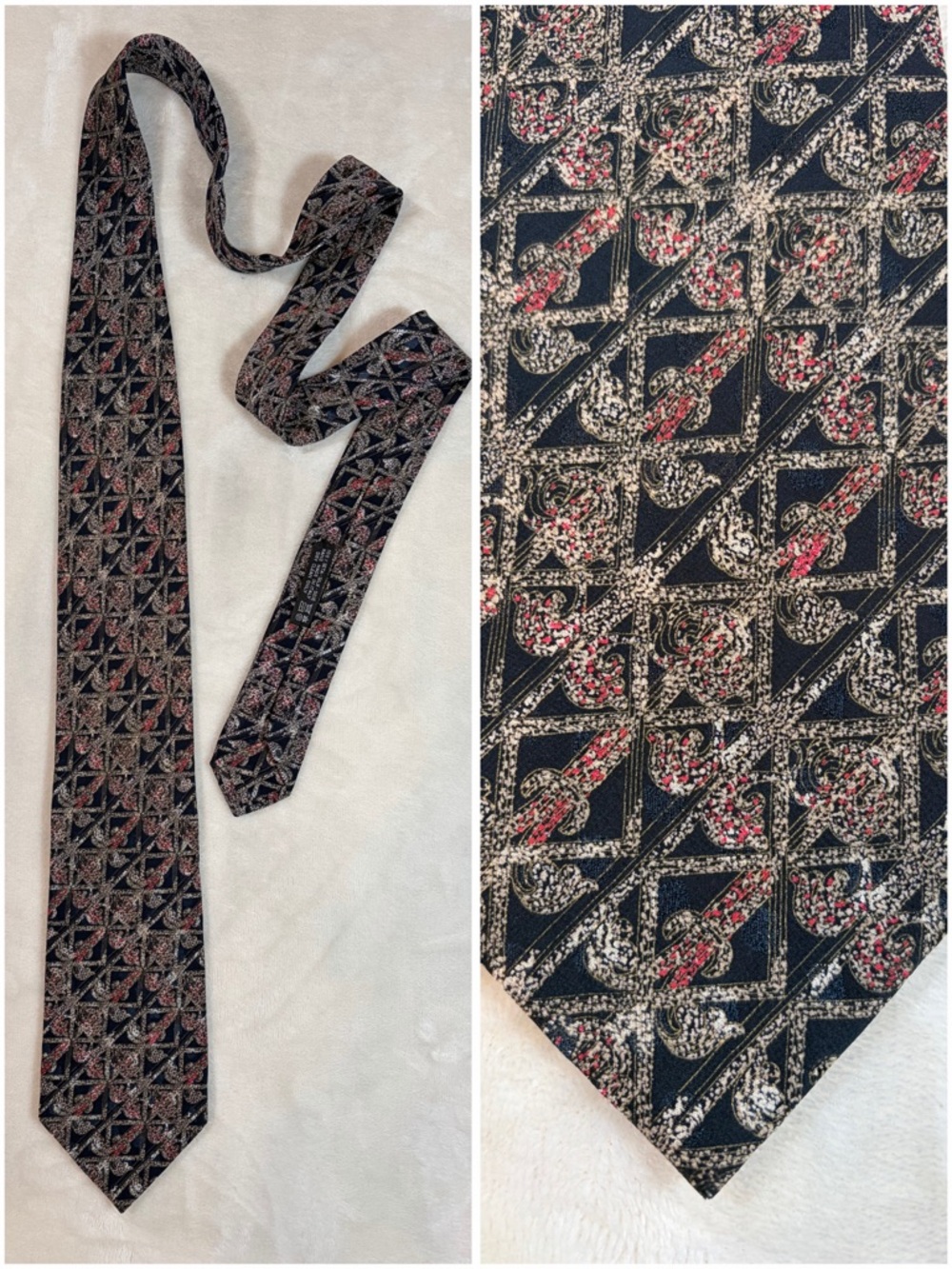 Brioni Men's Geometric Navy White Red Silk Woven Pointed Tie